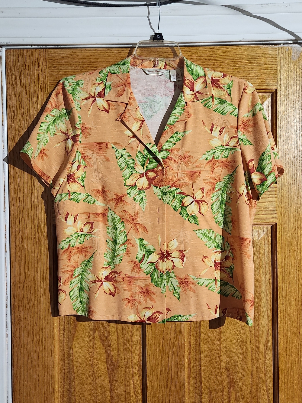 Tommy Bahama Peach Floral Camp Shirt with Green Leaf Print